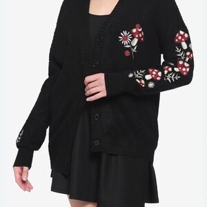Hot Topic Black Cardigan with Red and White Mushroom Embroidery